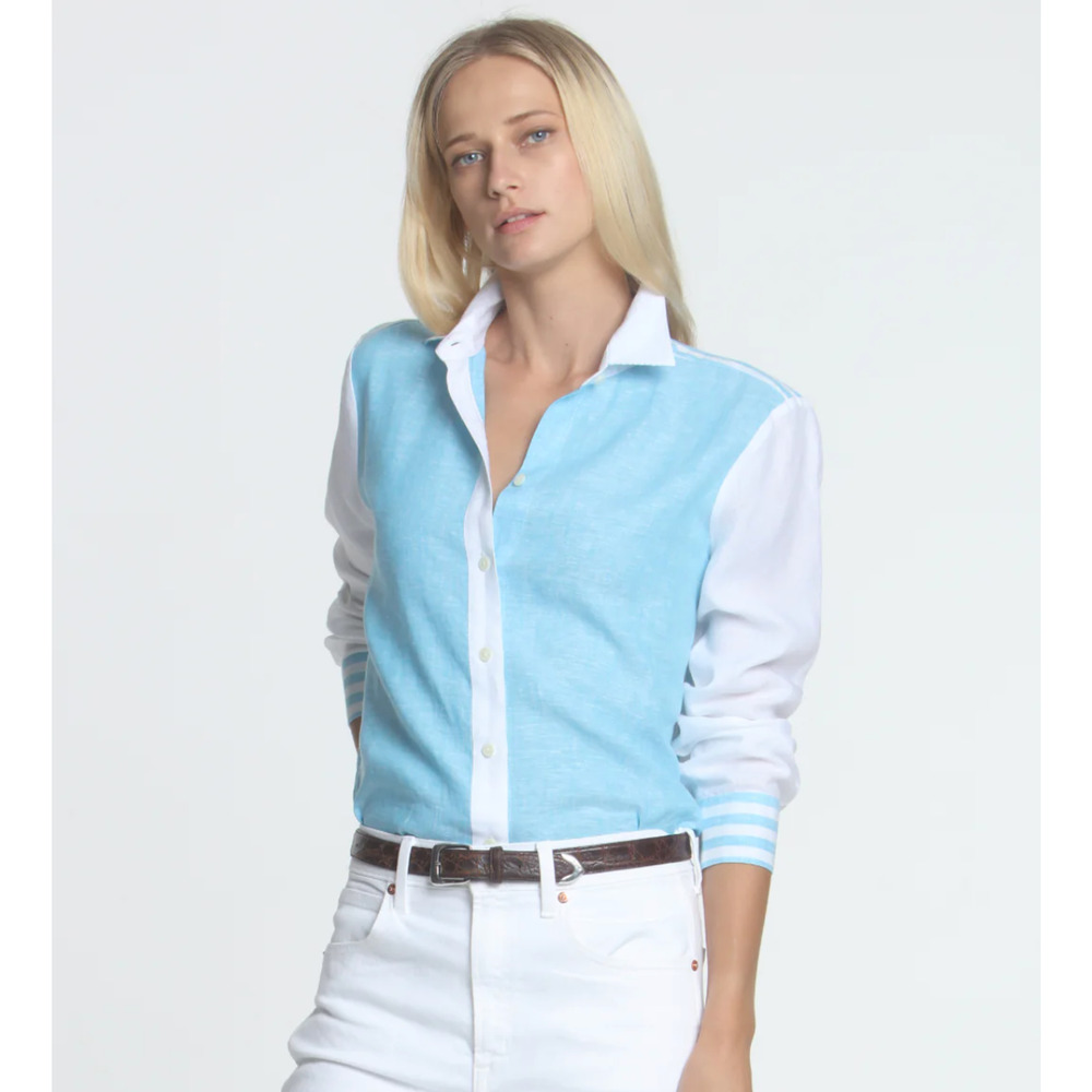 HINSON WU SHIRT LS CHELSEA SHIRT LUXE LINEN AQUA BLUE & WHITE 1610448